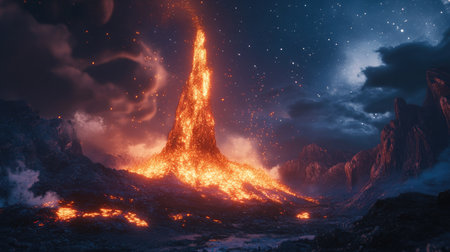 A fiery lava fountain erupting from a volcanic vent, spraying molten rock into the night sky.の素材