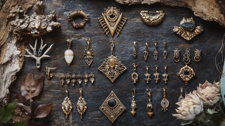 A flat lay of piercings featuring tribal-inspired jewelry designs, displayed on a textured natural backdrop.の素材