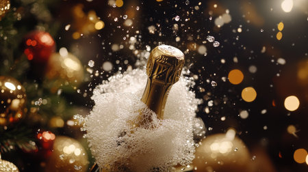 A dynamic shot of a champagne cork mid-air with bubbly foam erupting, festive decorations in the background.の素材