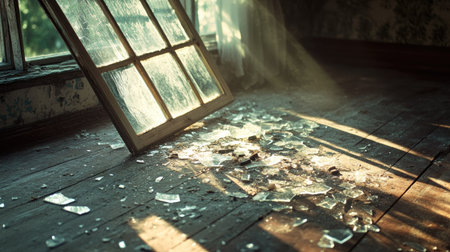 A fallen windowpane with glass shards scattered across a dusty wooden floor, lit by soft daylight.の素材