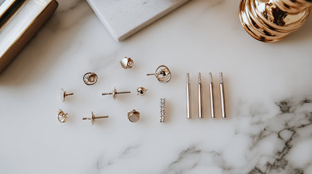 A flat lay of minimalist piercing jewelry, including barbell earrings and studs, on a marble surface.の素材