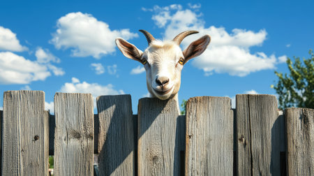 A goat peeking out from behind a wooden fence, with a bright blue sky and fluffy clouds above.の素材