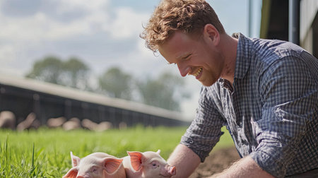 A farmer checking on piglets in a modern pig farm with well-maintained facilities.の素材