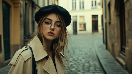 A fashionable woman with a nose piercing, wearing a beret and trench coat, walking down a cobblestone street.の素材