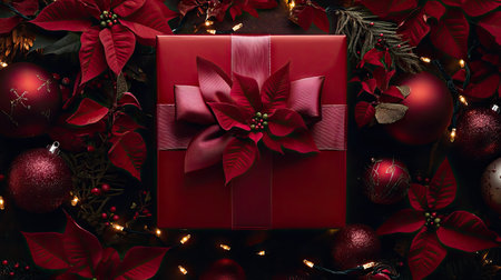 A festive red gift box with a satin bow and poinsettias, surrounded by fairy lights and ornaments, perfect for a holiday theme.の素材