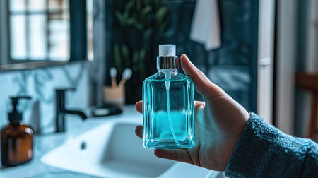 A hand holding a nearly empty bottle of mouthwash, ready to be replaced on a bathroom counter.の素材