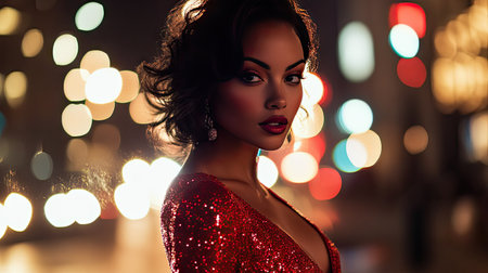 A glamorous evening look with a woman in a red sequin dress, posing under city lights.の素材