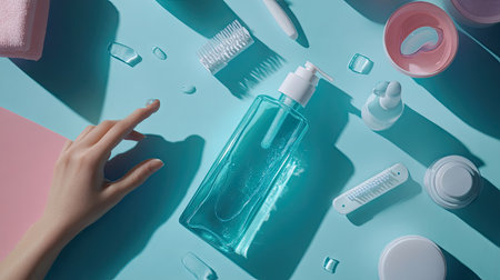 A flat lay of a hand picking up a mouthwash bottle from a countertop with scattered oral hygiene items.の素材