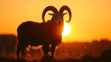 A goat with impressive curved horns silhouetted against the golden hues of a sunrise on the farm.の素材