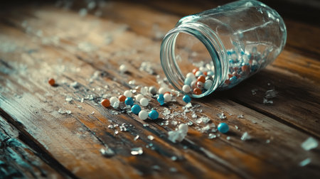 A glass jar broken on a wooden floor, with spilled marbles or beads rolling away from the fragments.の素材