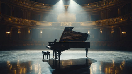 A grand piano spotlighted on an empty stage in a grand concert hall, with polished floors reflecting the light.の素材