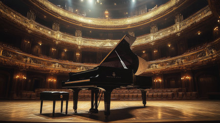 A grand piano on stage framed by ornate gold-accented architecture in a classical concert hall.の素材