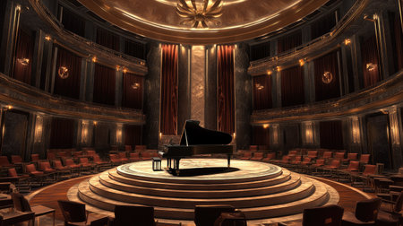 A grand piano on a circular stage in the center of an amphitheater-style concert hall.の素材