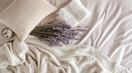A high-angle view of a bed adorned with lavender sprigs and fluffy towels in a calming neutral palette.の素材
