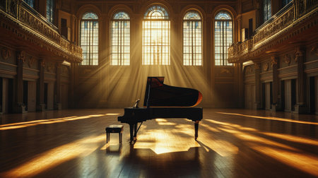 A grand piano lid raised, with sunlight streaming in through tall windows of an elegant, empty concert venue.の素材