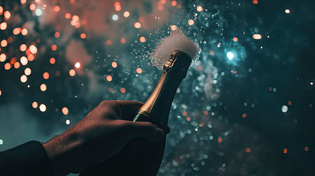 A hand gripping a champagne bottle, foam gushing as the cork pops under fireworks in the night sky.の素材