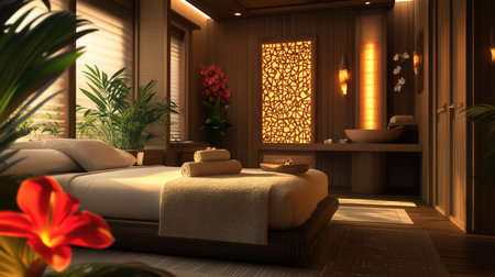 A high-end spa suite setup with warm lighting, plush towels, and a touch of exotic flowers on the bed.の素材