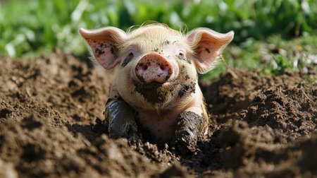 A happy piglet with mud on its nose, playfully digging into the soft soil on the farm.の素材