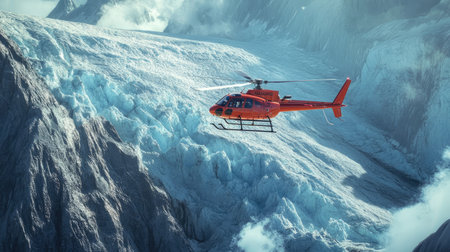 A helicopter flying over a glacier riddled with cracks, emphasizing its massive scale.の素材
