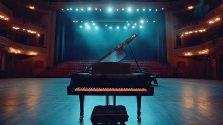 A grand piano captured from behind, with a wide perspective of the empty concert hall and stage lights.の素材
