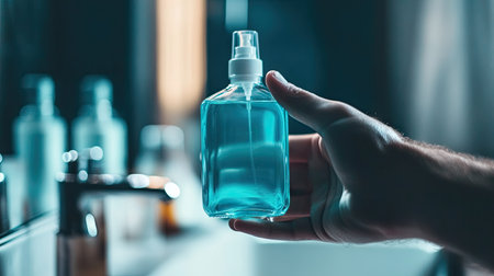 A hand holding a nearly empty bottle of mouthwash, ready to be replaced on a bathroom counter.の素材