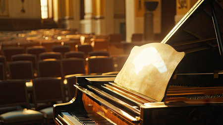 A grand piano and its open lid reflecting warm light, with rows of empty upholstered seats in the background.の素材