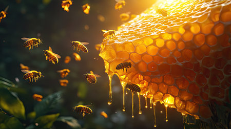 A honeycomb dripping with fresh honey as bees buzz around, illuminated by natural light.の素材