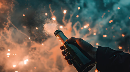 A hand gripping a champagne bottle, foam gushing as the cork pops under fireworks in the night sky.の素材