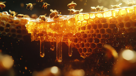 A honeycomb dripping with fresh honey as bees buzz around, illuminated by natural light.の素材