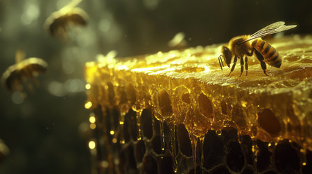 Bees perched on a honeycomb edge, with drops of honey glistening in the light.の素材