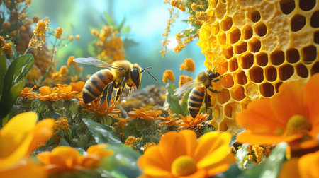 Bees feeding on pollen while tending to an active honeycomb in a vibrant hive.の素材