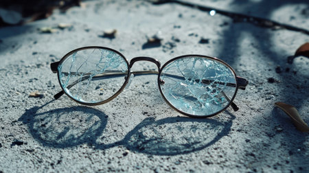 Broken eyeglasses on a concrete floor, with one lens shattered into tiny fragments.の素材