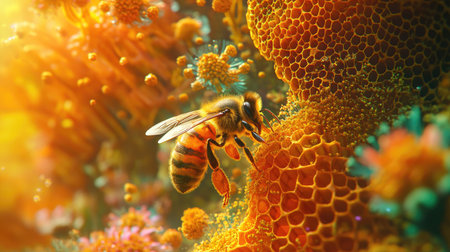 Bees feeding on pollen while tending to an active honeycomb in a vibrant hive.の素材