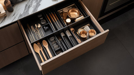 An open wooden drawer in a modern kitchen cabinet, filled with neatly organized utensils and cutleryの素材