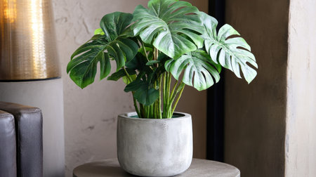 Artificial monstera leaves in a trendy concrete pot on a minimalist side tableの素材