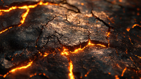 Close-up of lava cracks glowing intensely, highlighting the fiery textures of the molten rock.の素材