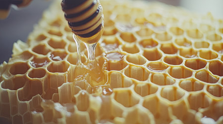 Bees sealing honeycomb cells with wax, demonstrating their natural craftsmanship.の素材