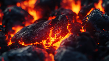 Close-up of molten lava spilling over rocks, creating a vivid orange and red glow.の素材