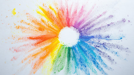Chalk pastels forming a radial pattern on a white canvas, surrounded by colorful smudges.の素材