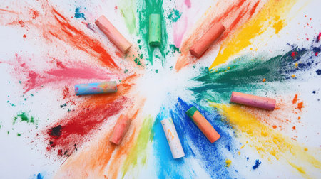 Chalk pastels forming a radial pattern on a white canvas, surrounded by colorful smudges.の素材