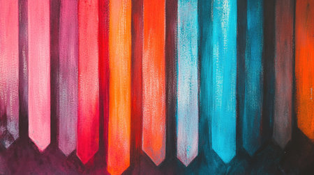Pastel sticks creating a striking gradient, from cool blues to warm reds, on textured paper.の素材