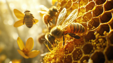 Bees feeding on pollen while tending to an active honeycomb in a vibrant hive.の素材