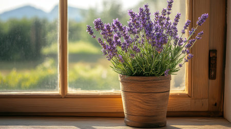 Artificial lavender in a rustic wooden pot on a windowsill, with sunlight illuminating the roomの素材