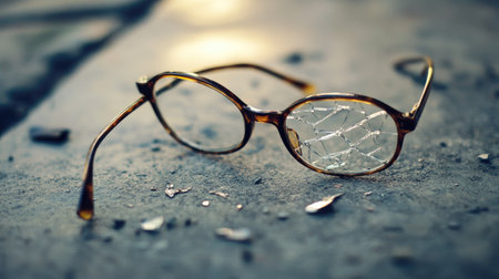Broken eyeglasses on a concrete floor, with one lens shattered into tiny fragments.の素材