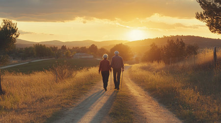 A cheerful elderly couple taking a sunset stroll on a rural dirt road, one using a walking stickの素材