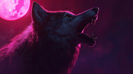 Close-up of a wolf mid-howl, its head tilted back with the glowing moon in the background.の素材