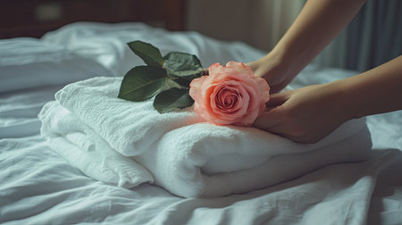 Hands gently placing fresh white towels and a pink rose on a neatly made bed in a cozy bedroom.の素材