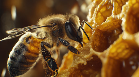 Macro shot of a honeybee inserting its proboscis into a honeycomb cell.の素材
