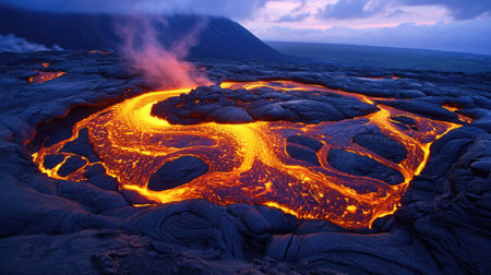 Molten lava creating intricate patterns as it cools, glowing brightly in the darkness.の素材