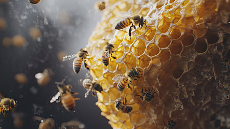 Honeybees building comb structures, showcasing their intricate teamwork.の素材